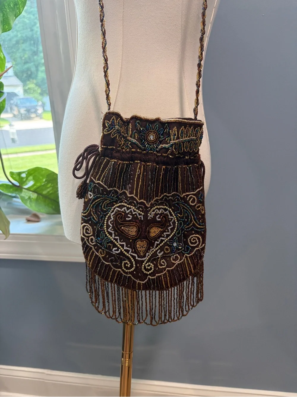 Vintage Hand Beaded Drawstring Purse Brown Fringe Evening Bag Boho